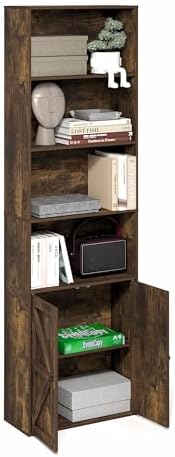 Furinno Jensen Farmhouse Style 6-Tier Book Shelf with Doors, Amber Pine by Furinno-FitsYourSpaceFitsYourBudget
