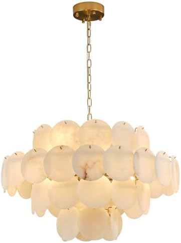 Natural Alabaster Round Chandelier, 31.5" Modern Marble Chandelier with 50 Stone Texture Panels, 12-Light Dimmable Spanish Alabaster Chandeliers for Living Room, Dining Room, Hallway by CEENWE