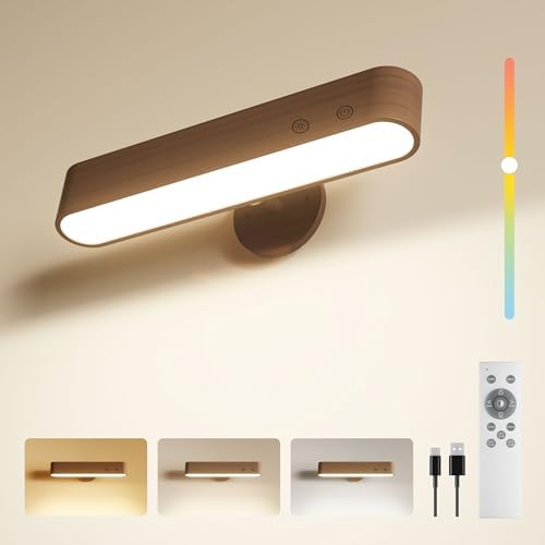 Rechargeable Wall Sconce, Battery Operated Indoor Wall Lights for Bedroom, Touch and Remote Control, 360° Rotate Walnut Wood Wall Sconces, 3 Colors Dimmable Brightness Wall Lamp, 15 RGB Colors, 1p by WelcometoPopoIron