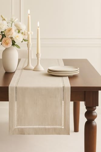 Fennco Styles Toscana Contemporary Hemstitched Linen Blend 16 x 120 Inch Table Runner for Dinner Table, Picnic Table, Parties, Wedding Decorations, Natural - Image 2