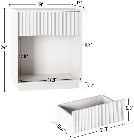 Fluted Nightstands Set of 2, Modern Bedside Table with Drawer and Storage Shelf, Wood End Table Mid Century Night Stands for Bedroom Living Room Sofa Couch Office (White) - Image 2