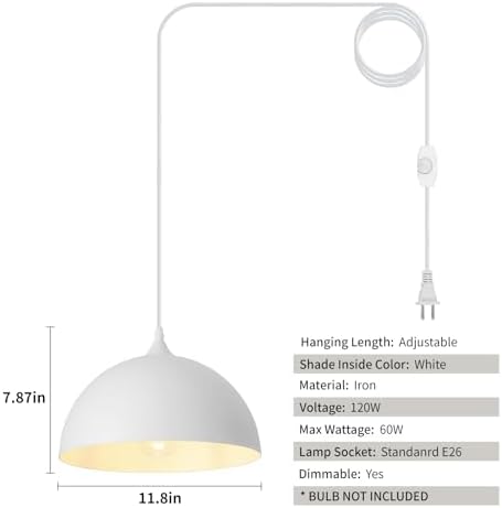 White Plug in Pendant Light,2 Pack 11.8inch Hanging Lights with Plug in Cord 14.7 ft, Hanging Pendant Light,Hanging Lamp Plug in for Bedroom Living Room Kitchen Island - Image 6