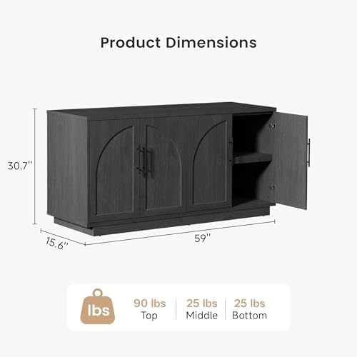 Fatmok Modular Entertainment Center & Buffet Cabinet, Extra Long Sideboard TV Stand with Arched Wooden Doors, Modern Wooden Storage Cabinet for Living Room, Black Grey(EAE,3-Piece) - Image 5