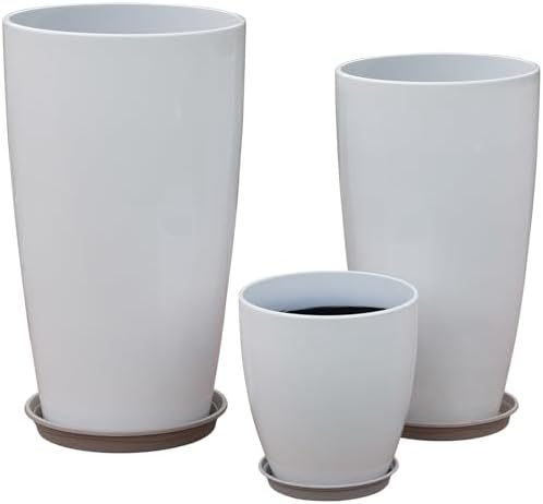 24,21,11 Inch Large Plastic Planters with Drainage Hole and Saucer - Set of 3 Tall Plant Pots Indoor Flower Pot Tall Round Planters Outdoor Large Tall Planter by MinCHI257