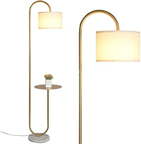 Hsyile KU300271 Arc Floor Lamp with Hanging Drum Shade for Living Room-Marble Base Modern Tall Stand Up Light with Table, Contemporary Over The Couch Gold Lamp Standing Lamps for Bedroom Office by Hsyile