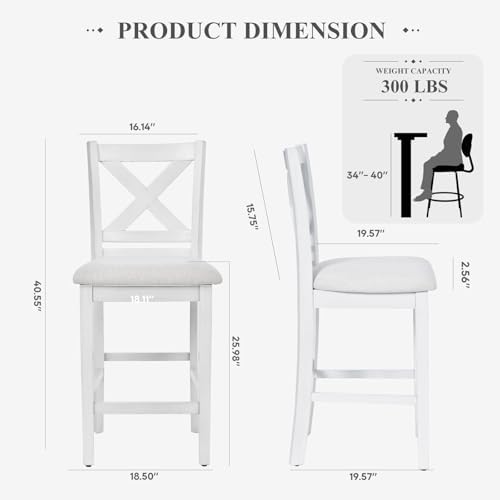COLAMY Wooden Bar Stools Set of 6, Counter Height Bar Stools, Mid Century Modern Bar Stools with Backs, 25 Inch Upholstered Fabric Wooden Barstools for Kitchen Island Dining Room Bar, Grey White Wash - Image 2