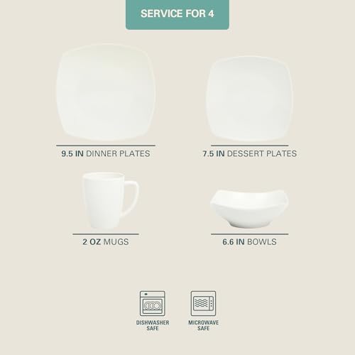 Gibson Home Zen Buffet White Porcelain Dinnerware Set for 4, Square Plates Bowls and Mugs, Chip and Scratch Resistant, Dishwasher and Microwave Safe, 16 Piece - Image 2