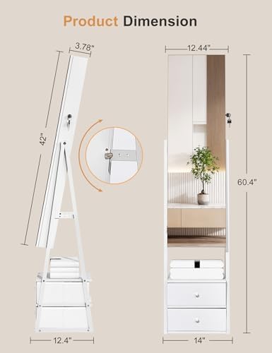 Nicetree Jewelry Cabinet Armoire, 2 Drawers, Full Length Mirror, Pure White - Image 5