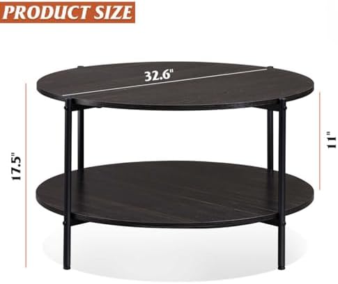 WLIVE Round Coffee Table for Living Room, 32.6" Small Coffee Table with Open Storage Shelf, 2-Tier Industrial Circle Wood Center Table for Bedroom, Home Office, Charcoal Black - Image 3