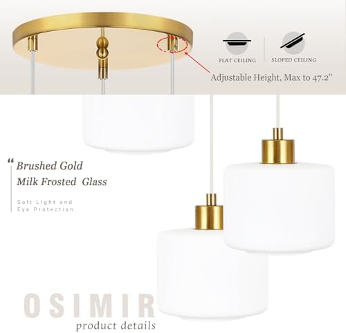 Brushed Gold Dining Room Chandelier Light Fixture, 3-Light Pendant Lighting with Milk Glass, Modern Kitchen Island Cluster Hanging Pendant Lights for Kitchen Dining Room, OS-YQ8153-3BGW - Image 2