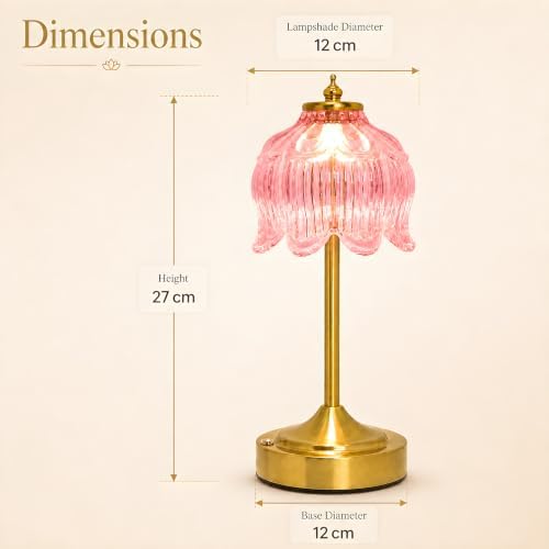 Lotus Flower Table Lamp, Cordless Rechargeable Amber Glass Bedside Lamp | 3600mAh Battery, Touch Control, 3 Color Modes & Stepless Dimming for Bedroom, Nightstand Pink 2PC - Image 4
