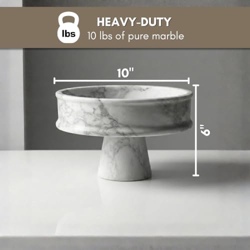 Marble Pedestal Bowl for Kitchen Counter, 10" Handcrafted Natural Stone Decorative Fruit Bowl, Catch-All Key Dish, Dining Table Centerpiece, Pedestal Bowl, & Housewarming Gift (White Marble) - Image 4