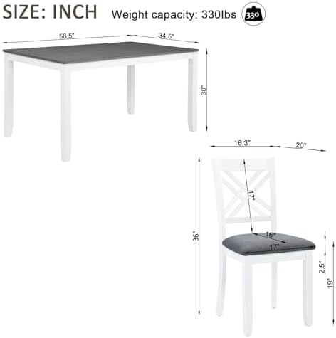 Harper & Bright Designs 58.5" Lx34.5 W Solid Wood 7-Piece Dining Table Set for 6, Grey White Two-Tone Kitchen Dining Room Set with 6 Upholstered Chairs, Rubber Wood Frame, 330LBS Capacity - Image 2