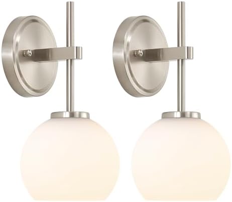 Brushed Nickel Battery Operated Wall Sconce Set of 2, Wireless Rechargeable Sconces Wall Lighting with Remote Control, LED Wall Lights with Opal White Glass Shade, 12 Colors RGB & 3 CCT Bulb by SANTOSTOCK