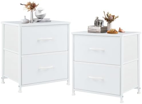 DUMOS Nightstand Small Dresser with 2 Fabric Drawers Side Tables Bedroom End Table Kids Bedside Storage Furniture for 20 inch Tall Night Stand for Closet, Entryway, College Dorm, White(2 Pack) by DumosLifestyle