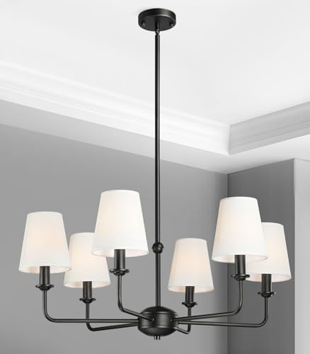 6-Light Black Pendant Chandelier with Fabric Shades, E12 Base - Farmhouse & Industrial Style for Kitchen, Living Room, Dining Room, or Bedroom Lighting by QUENEY