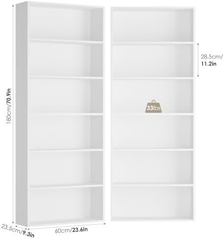 FOTOSOK 6 Tier Tall Bookshelf and Bookcase, Open Display Shelves, White 2PK - Image 2