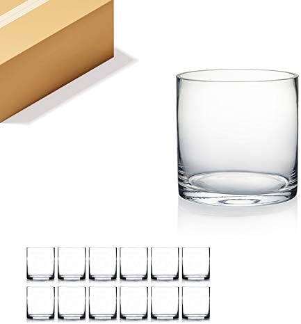 WGVI Thick Weighted Clear Right Cylinder Glass Vases, 5" W x 5" H, Equilateral Cylinder Glass Candle Holders Flower Arrangement Centerpieces Storage Container Brush Pen Holder, Bulk Wholesale, 12 Pcs by WGVInternational-OpusGlassware