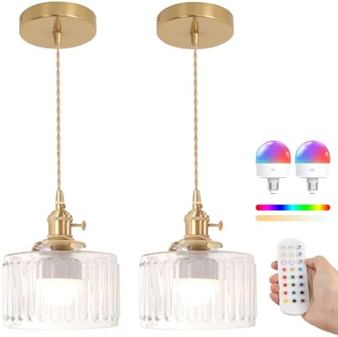 Shenmoyl Battery Operated Pendant Light 5000mAh Rechargeable Chandelier with Remote Control Wireless Adjustable Hanging Clear Striped Light for Kitchen Island Dining Room Hallway, 2 Pack by Shenmoyl