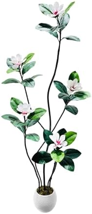6FT Tall Lifelike Artificial Magnolia Tree with 5 Pcs Magnolia Flowers in White Planter Pot, Rubber Tree Faux Plants Indoor Artificial Plants & Flowers for Home Office Living Room Decor by BouPower