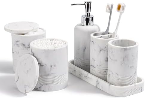 Bathroom Accessories Set, 6-Piece Bathroom Accessory Set, Toothbrush Holders Set, Soap Dispenser, Vanity Tray, Tumbler, Cotton Swab Jars, Bathroom Organizer for Modern Bathrooms (Marble White) by YMXYJM