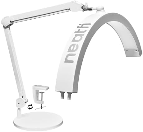 Neatfi Half Moon LED Table Lamp for Estheticians – 2,500 Lumens | CCT Dimming, 5 Light Modes | Professional Task Lamp for Nail Art, Facials, Threading & Tattoos (White, CCT with Base and Clamp) by Neatfi