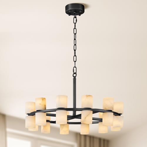 Alabaster Round Chandelier, Natural Spanish Stone Texture Chandeliers, D23.6in Round Chandeliers for Dining Room Small Chandelier Light Fixture for Kitchen Living Room Foyer Entryway Hallway (Black) by Plsintly