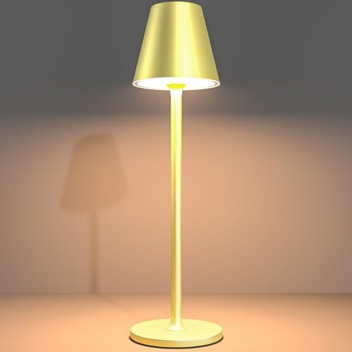Timjorman 1-Pack Cordless Table Lamps - 5000mAh Rechargeable Battery Operated Desk Lamp, 3-Level Dimmable LED Night Light for Bedroom, Dining, Restaurant - Metal Design (Champagne Gold-1Pack) by Timjorman