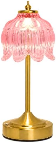 Lotus Flower Table Lamp, Cordless Rechargeable Amber Glass Bedside Lamp | 3600mAh Battery, Touch Control, 3 Color Modes & Stepless Dimming for Bedroom, Nightstand Pink 1PC by Unknown