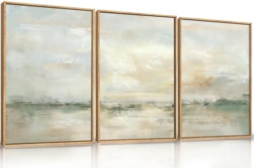 LHIUEM Large Abstract Green Gray Pastel Framed Canvas Wall Art,Neutral Landscape Wall Decor,Modern Watercolor Lake Artwork,Beige Textured Illustrations Art for Living Room,Bedroom,Office- 16"x24"x3 by LHIUEM
