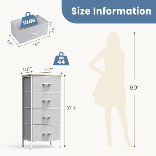 DUMOS Nightstand with 4 Drawers Bedside Table with Removable Fabric Bins Sturdy Steel Frame Wood Top Organizer Furniture for Bedroom Closet Living Room, Ash - Image 2