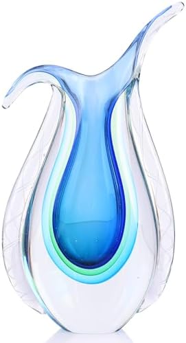 Blue Hand Blown Glass Vase – Oval Decorative Art Glass for Centerpieces, Murano Inspired Decor for Dining Room, Entryway Table, or Shelf, Handmade Glass Vase for Home Display (Blue Green) by PlivBloom