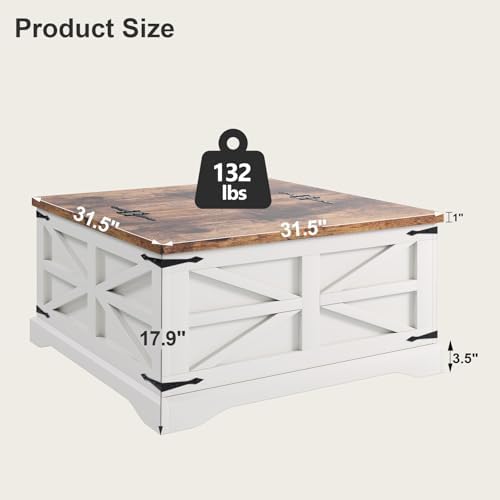 MXV Farmhouse Coffee Table with Storage, Square Coffee Tables for Living Room, Rustic Wood Center Table with Hinged Lifting Tabletop for Home, White - Image 2
