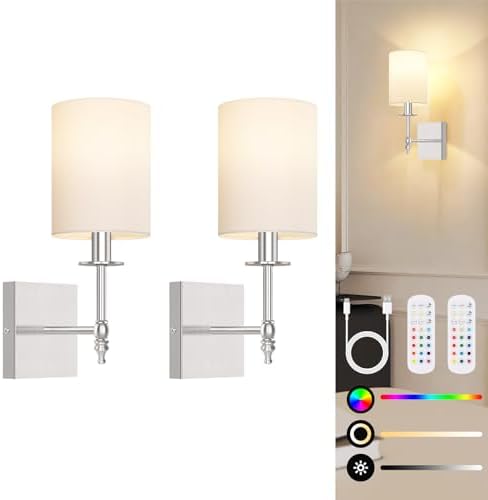 14 Inch Battery Operated Wall Sconces Set of 2 with Remote, Brushed Nickel Rechargeable Wireless Wall Lights with White Fabric Shade, Cordless Wall Lamps with Dimmable Detachable Bulbs for Bedroom by BestChoiceforYourLife