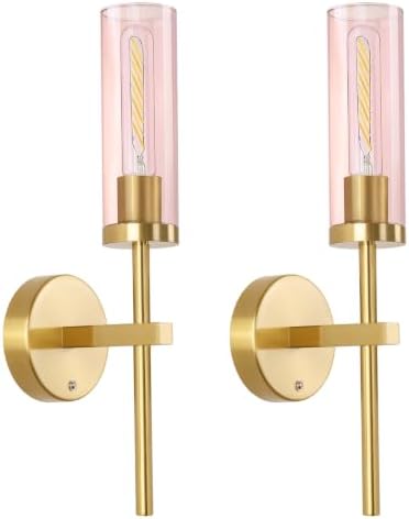 Shenmoyl Battery Operated Wall Sconces Set of 2, Gold Rechargeable Wall Lighting Fixtures, Dimmable Wall Lights with Remote & Pink Glass Shade for Living Room, Bathroom,Bedroom by Shenmoyl