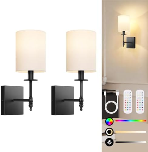 14 Inch Black Battery Operated Wall Sconces Set of 2, Rechargeable Wireless Wall Lights with Remote & White Fabric Shade, Indoor Not Hardwired Dimmable Wall Lamps for Bedroom, 2 Bulbs Included by BestChoiceforYourLife