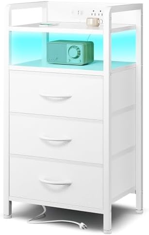 Lazzanto Nightstand with Rear Charging Station, LED Light, 3 Drawers, White by Lazzanto