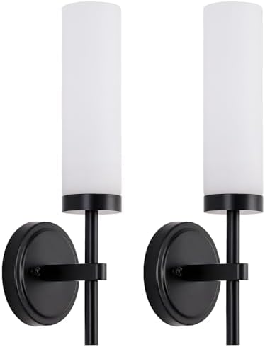 Black Bathroom Wall Sconces Set of 2, Modern Sconces Wall Lighting Vanity Lights with Opal White Glass Shade, Farmhouse Wall Mount Lamp for Mirror Living Room Bedroom Hallway Kitchen Stairs by SANTOSTOCK