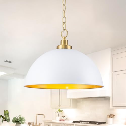 Lingkai Farmhouse Pendant Light Fixtures, 15.7" White and Gold Dome Pendant Lighting Kitchen Island, Adjustable Height Vintage Hanging Ceiling Lights for Kitchen Island Dining Room Foyer Restaurant by Lingkai
