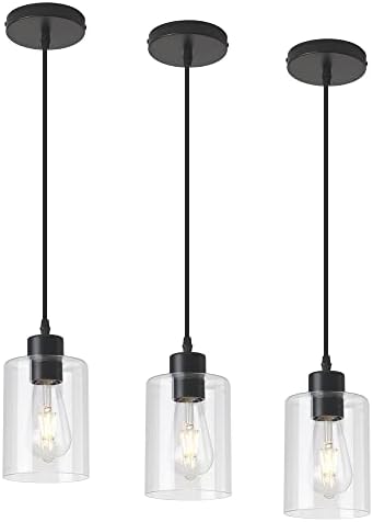 Modern Black Farmhouse Clear Glass Cylinder Pendant Light Fixture,Mini Pendant Lighting for Kitchen Island Decor - 4.75 Inch Shade, 2-58 Inch Cord (Black 3 Pack) by KLSSLighting