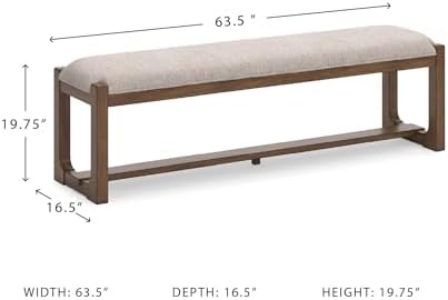 Signature Design by Ashley Cabalynn Farmhouse Upholstered Dining Bench, Foam Cushion, Hardwood Solids, 63.5" W x 16.5" D x 19.75" H, Beige & Light Brown - Image 3