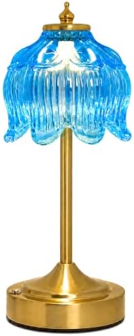 Lotus Flower Table Lamp, Cordless Rechargeable Amber Glass Bedside Lamp | 3600mAh Battery, Touch Control, 3 Color Modes & Stepless Dimming for Bedroom, Nightstand Lake Blue 1PC by Unknown