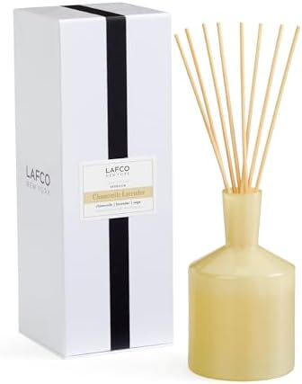 LAFCO New York Classic Reed Diffuser, Chamomile Lavender - 6 oz - Up to 3 Months Fragrance Life - Reusable, Hand Blown Glass Vessel - Natural Wood Reeds - Made in the USA by LAFCONewYork