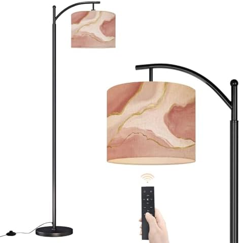 Arc Floor Lamp Pink Marble Rose Gold Dimmable Modern Standing Lamp with Remote Adjustable Drum Shade Footswitch Tall Pole Lamp for Living Room Bedroom by DERUINVAIO