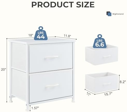 DUMOS Nightstand Small Dresser with 2 Fabric Drawers Side Tables Bedroom End Table Kids Bedside Storage Furniture for 20 inch Tall Night Stand for Closet, Entryway, College Dorm, White(2 Pack) - Image 3