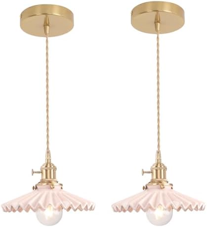 Shenmoyl Pendant Light 2 Pack with Pink Pleated Ceramic Lmapshade, Brass Vintage Pendant Light Adjustable Hanging Light for Kitchen Island Dining Room Hallway by Shenmoyl