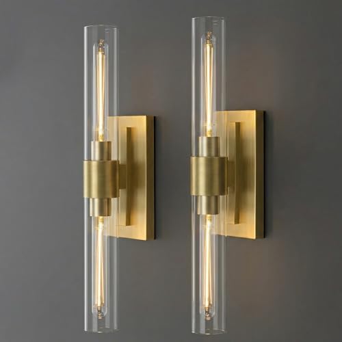 22.8" Brass Wall Sconces Set of 2, Modern Luxury 2-Light Bathroom Vanity Lights with Glass Tube Shade, Dimmable Hardwired Gold Wall Sconce for Bathroom Mirror, Living Room, Hallway (Bulbs Included) by Joyunleo