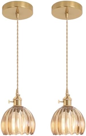 Shenmoyl Pendant Light 2 Pack with Amber Tulip Glass Lmapshade, Brass Vintage Pendant Light Adjustable Hanging Light for Kitchen Island Dining Room Hallway by Shenmoyl