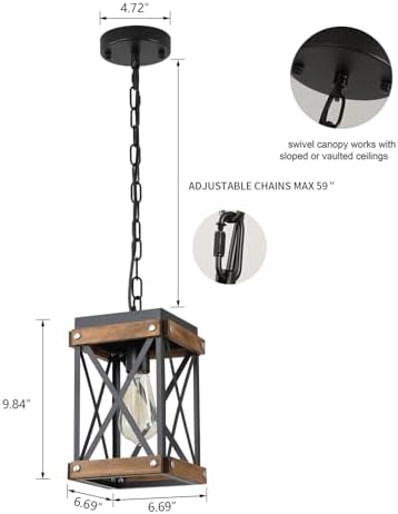 Rustic Farmhouse Wood Pendant Light Fixture One-Light Adjustable Chain Oak Wood and Metal Lantern Cage Small Pendant Lighting for Kitchen Island Sink Hallway Farmhouse Bathroom Bar, Black - Image 4