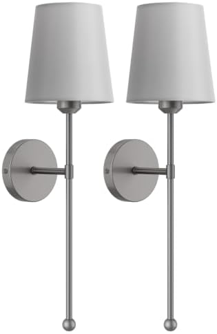 Battery Operated Wall Sconce Set of 2, RF Remote, Grey and Grey Shade by Percantis